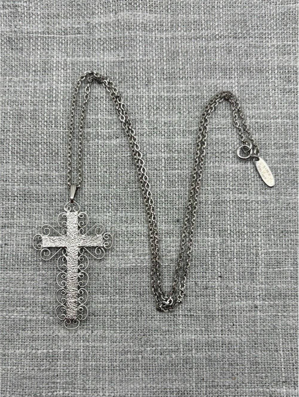 Vintage Whiting & Davis Silver Tone Filigree Cross Pendant Necklace